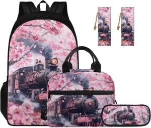 Cherry Blossom Train Backpack Lunchbox Set for Girls School Bag 4 Piece Cute Bookbags Aesthetic for 6th Grader Girls School Backpacks with Tablet Compartment Casual Daypack for Elementary