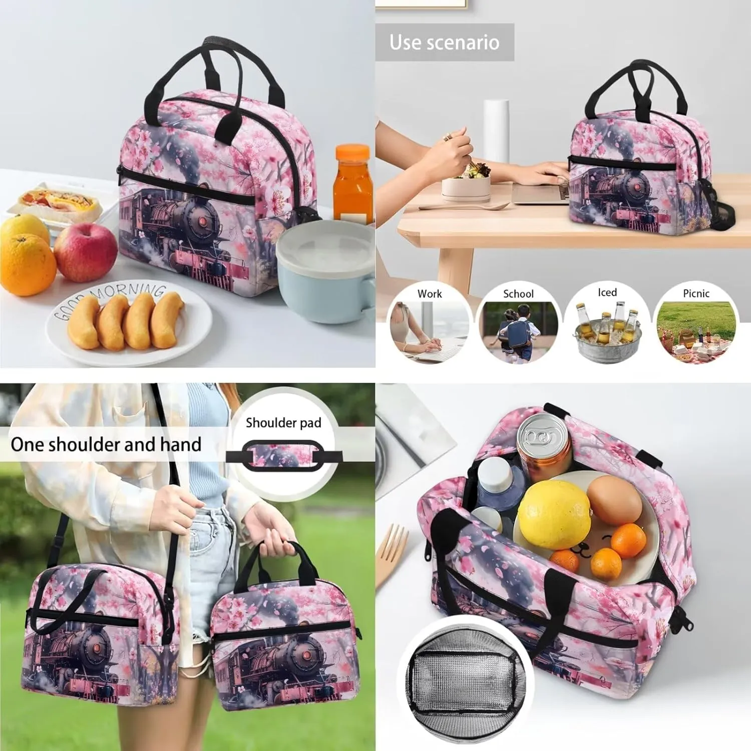 Cherry Blossom Train Backpack Lunchbox Set for Girls School Bag 4 Piece Cute Bookbags Aesthetic for 6th Grader Girls School Backpacks with Tablet Compartment Casual Daypack for Elementary