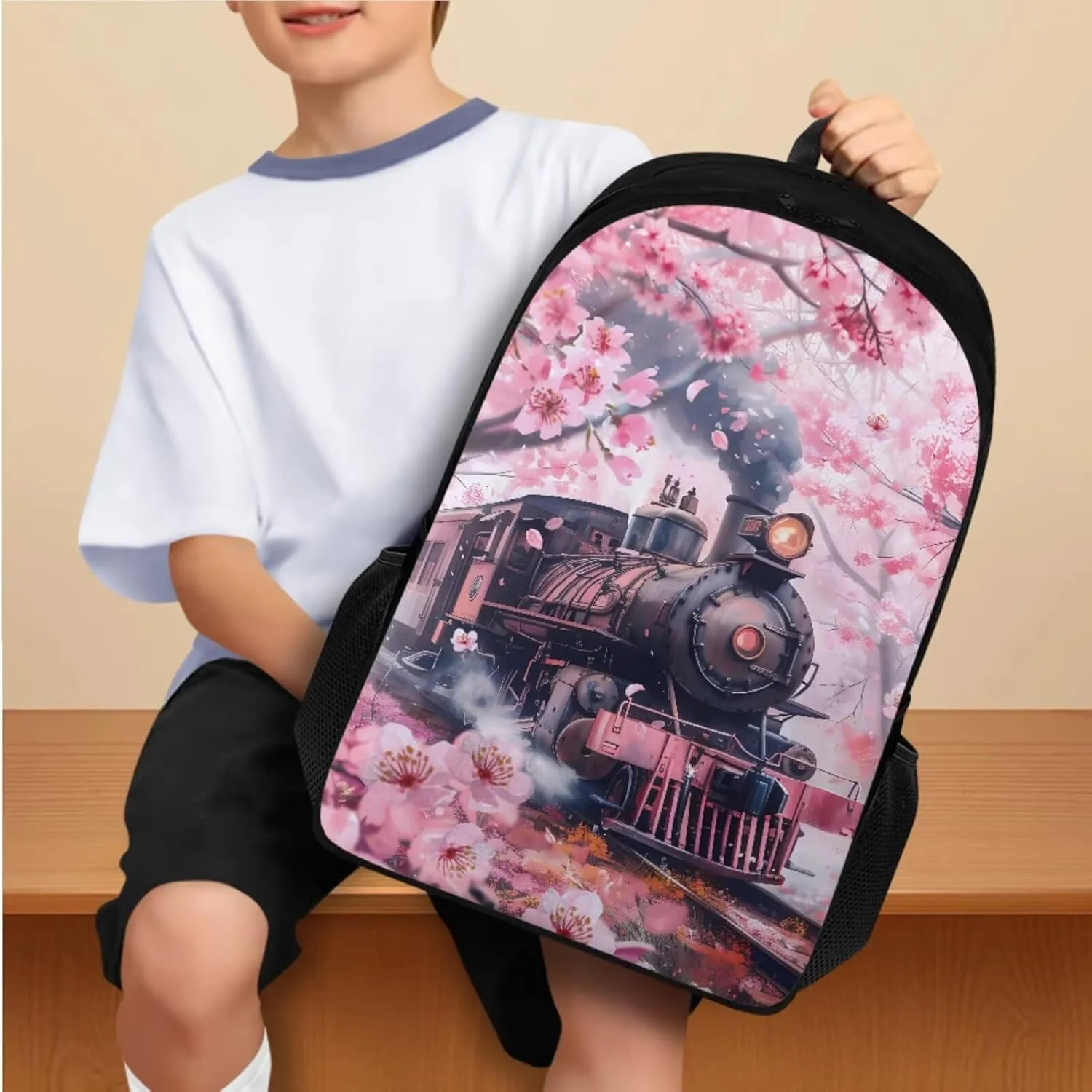 Cherry Blossom Train Backpack Lunchbox Set for Girls School Bag 4 Piece Cute Bookbags Aesthetic for 6th Grader Girls School Backpacks with Tablet Compartment Casual Daypack for Elementary