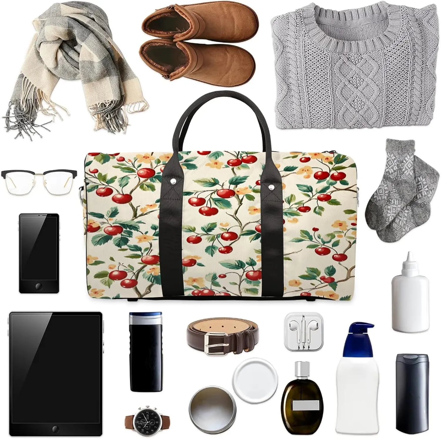 Cherry Duffle Bag for Travel, Overnight Weekend Gym Carry On Luggage Bag, Fruit Travel Duffel Bag for Men Women