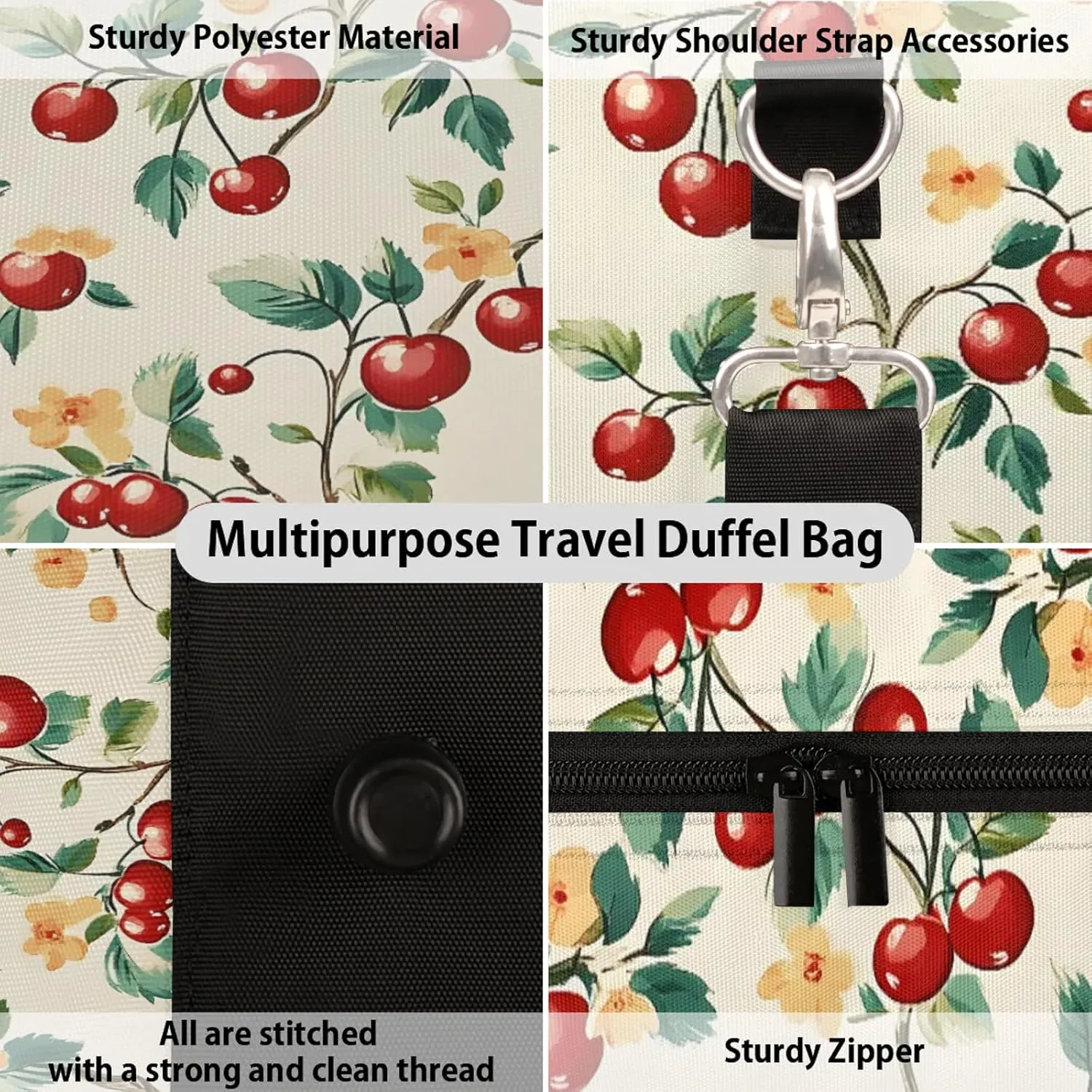 Cherry Duffle Bag for Travel, Overnight Weekend Gym Carry On Luggage Bag, Fruit Travel Duffel Bag for Men Women