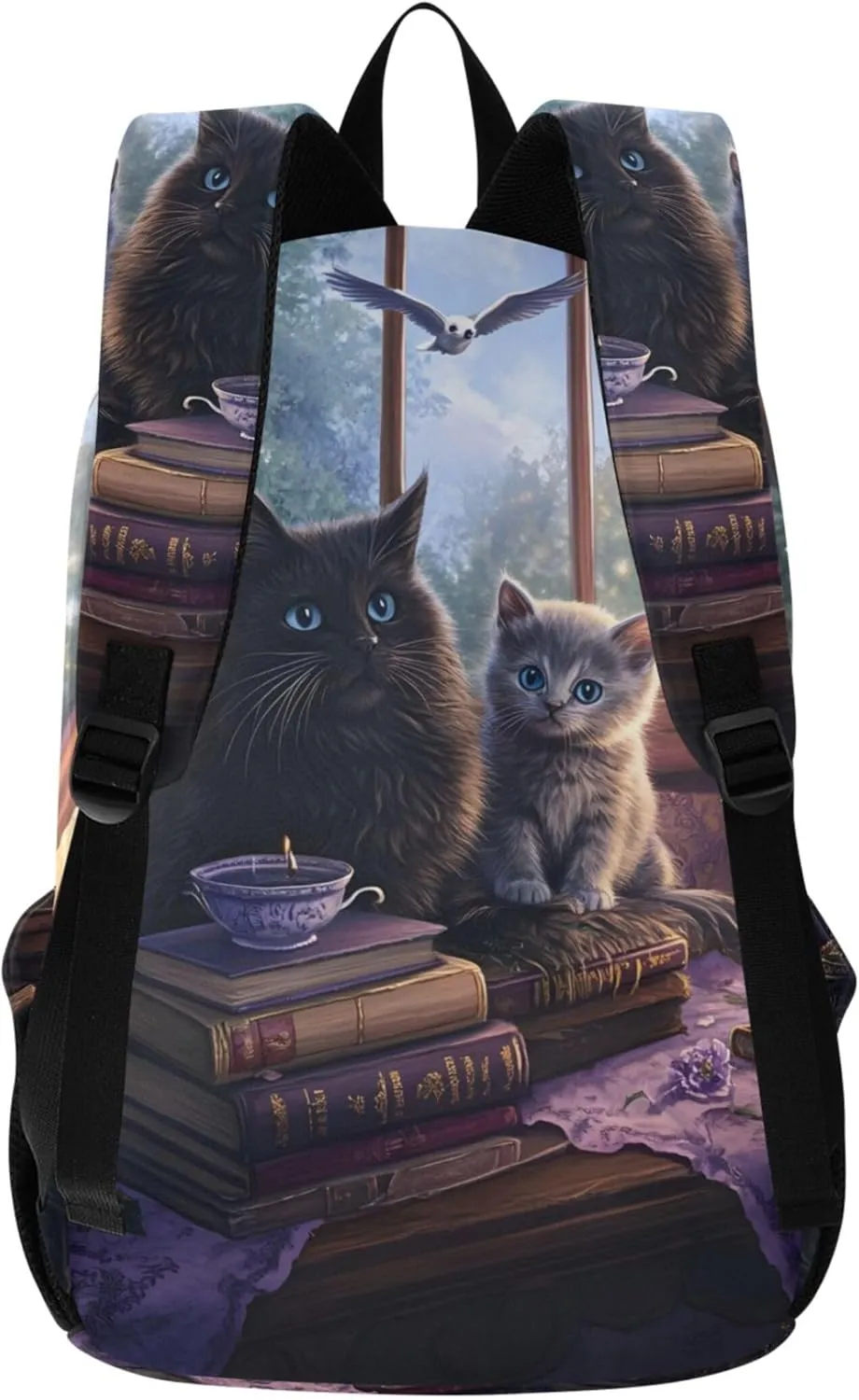 CHIFIGNO Mystical Black Cats Books Candlelight Cute Backpacks for Woman Daypack Waterproof Cool Teen Backpacks for Girls