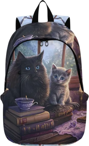 CHIFIGNO Mystical Black Cats Books Candlelight Cute Backpacks for Woman Daypack Waterproof Cool Teen Backpacks for Girls