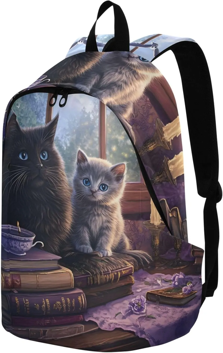 CHIFIGNO Mystical Black Cats Books Candlelight Cute Backpacks for Woman Daypack Waterproof Cool Teen Backpacks for Girls