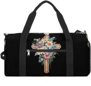 Christian Cross with Flowers Sports Gym Bag Lightweight Travel Duffel Bag Workout Bags Casual Weekender Bag for Men Women