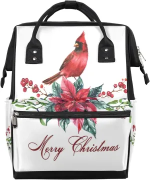 Christmas Birds Poinsettia Flowers Diaper Bag Tote Large Capacity Waterproof with Adjustable Shoulder Strap and Pram Straps Mommy Bag for Hospital Beach Weekender Travel