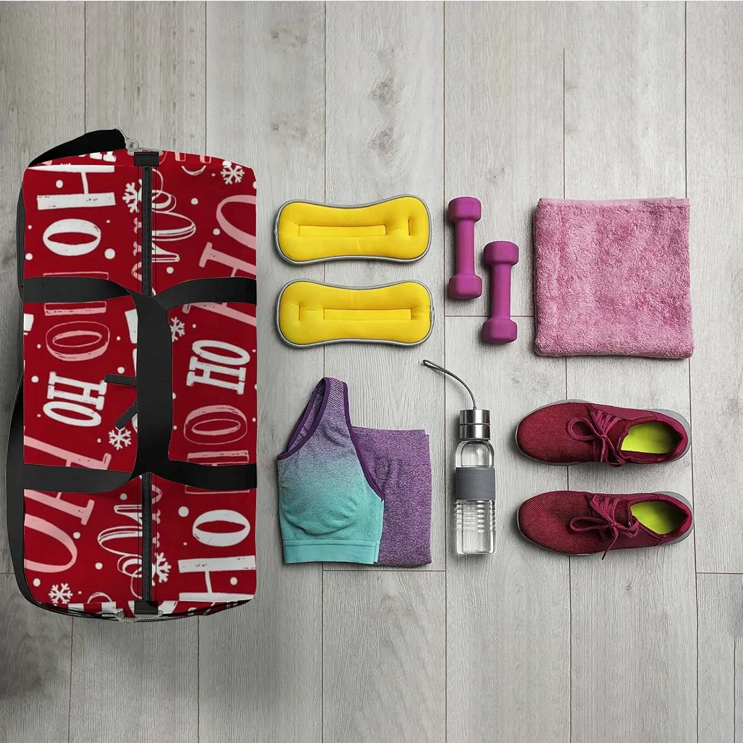 Christmas Funny Ho Lettering Sports Duffel Bag Travel Gym Tote Bags Lightweight Durable Shoulder Strap Waterproof Polyester Outside Mesh Pocket Overnight Trip Duffel Bag for Women Men