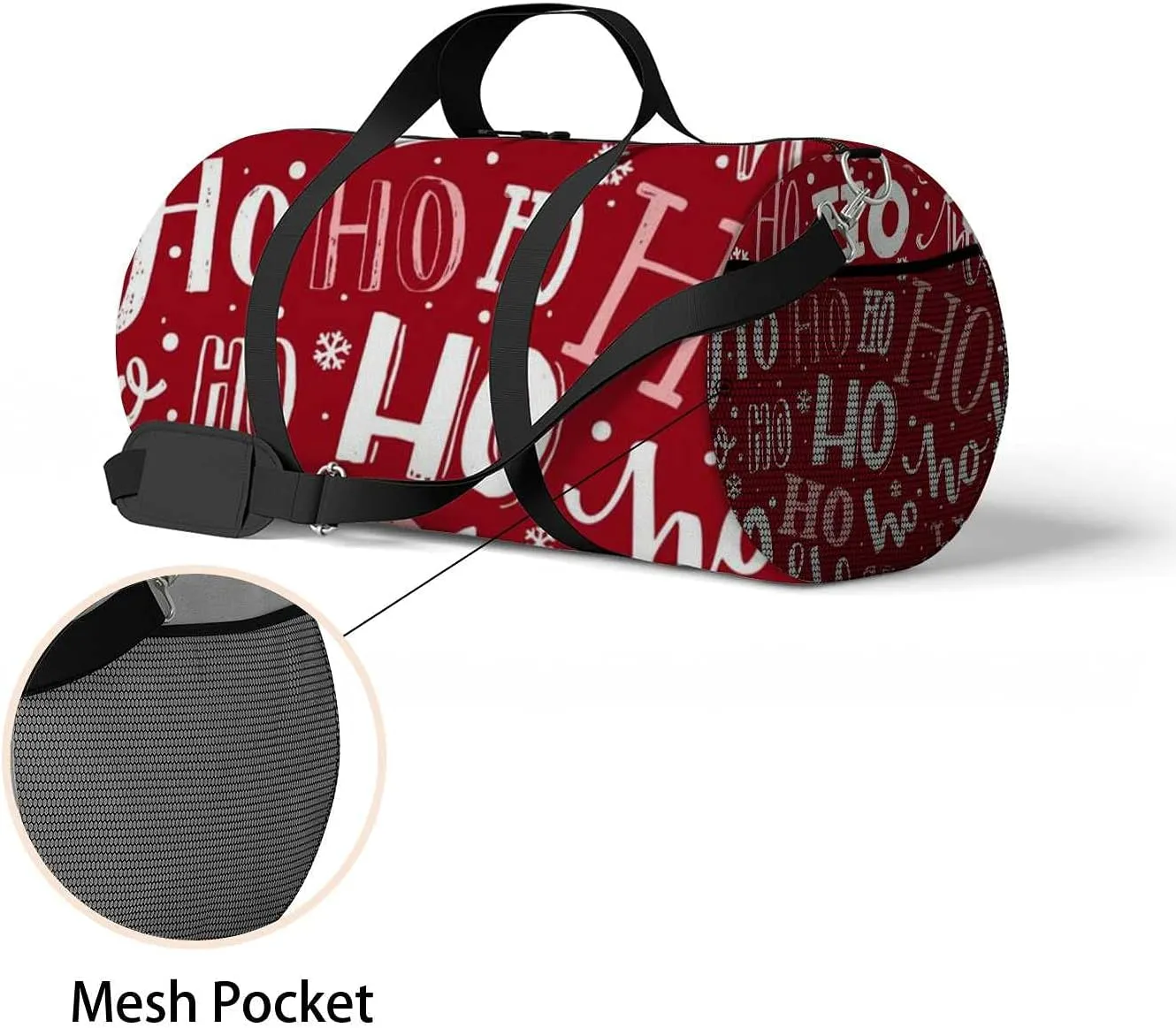 Christmas Funny Ho Lettering Sports Duffel Bag Travel Gym Tote Bags Lightweight Durable Shoulder Strap Waterproof Polyester Outside Mesh Pocket Overnight Trip Duffel Bag for Women Men