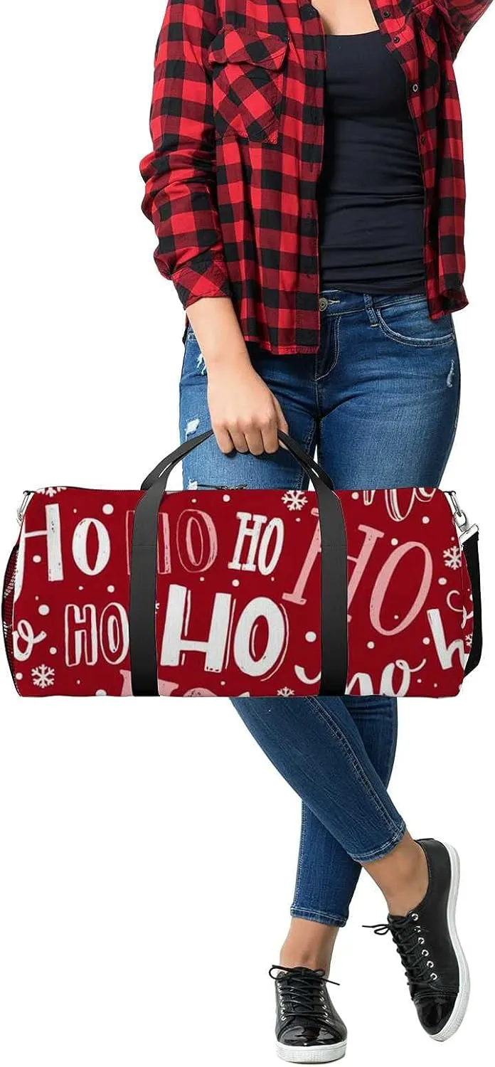Christmas Funny Ho Lettering Sports Duffel Bag Travel Gym Tote Bags Lightweight Durable Shoulder Strap Waterproof Polyester Outside Mesh Pocket Overnight Trip Duffel Bag for Women Men