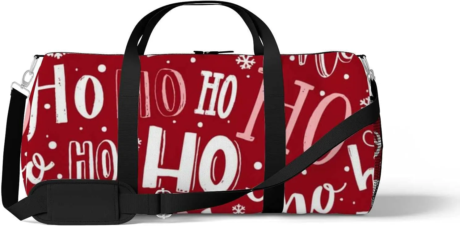 Christmas Funny Ho Lettering Sports Duffel Bag Travel Gym Tote Bags Lightweight Durable Shoulder Strap Waterproof Polyester Outside Mesh Pocket Overnight Trip Duffel Bag for Women Men
