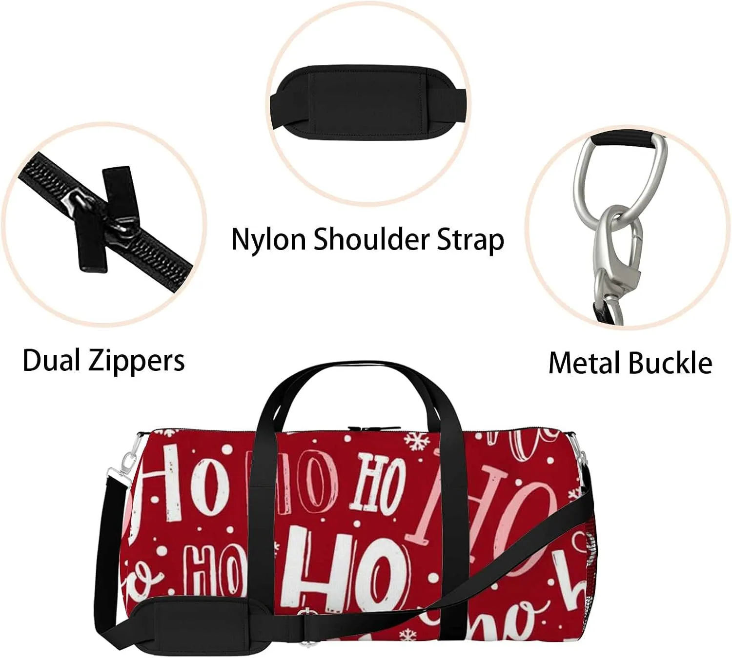 Christmas Funny Ho Lettering Sports Duffel Bag Travel Gym Tote Bags Lightweight Durable Shoulder Strap Waterproof Polyester Outside Mesh Pocket Overnight Trip Duffel Bag for Women Men
