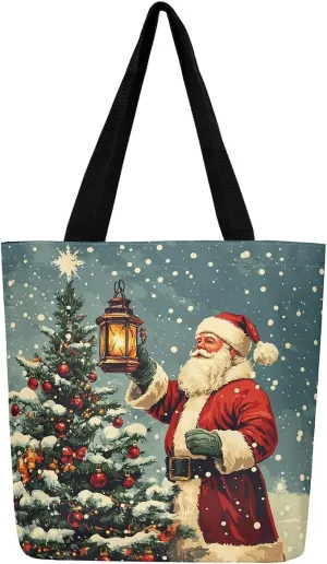Christmas Santa Claus Canvas Tote Bag,Cartoon Gnome Shopping Grocery Bags for Teens Adults