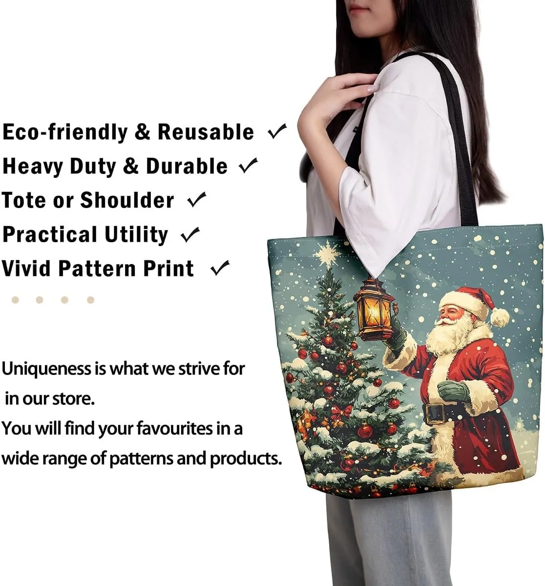Christmas Santa Claus Canvas Tote Bag,Cartoon Gnome Shopping Grocery Bags for Teens Adults