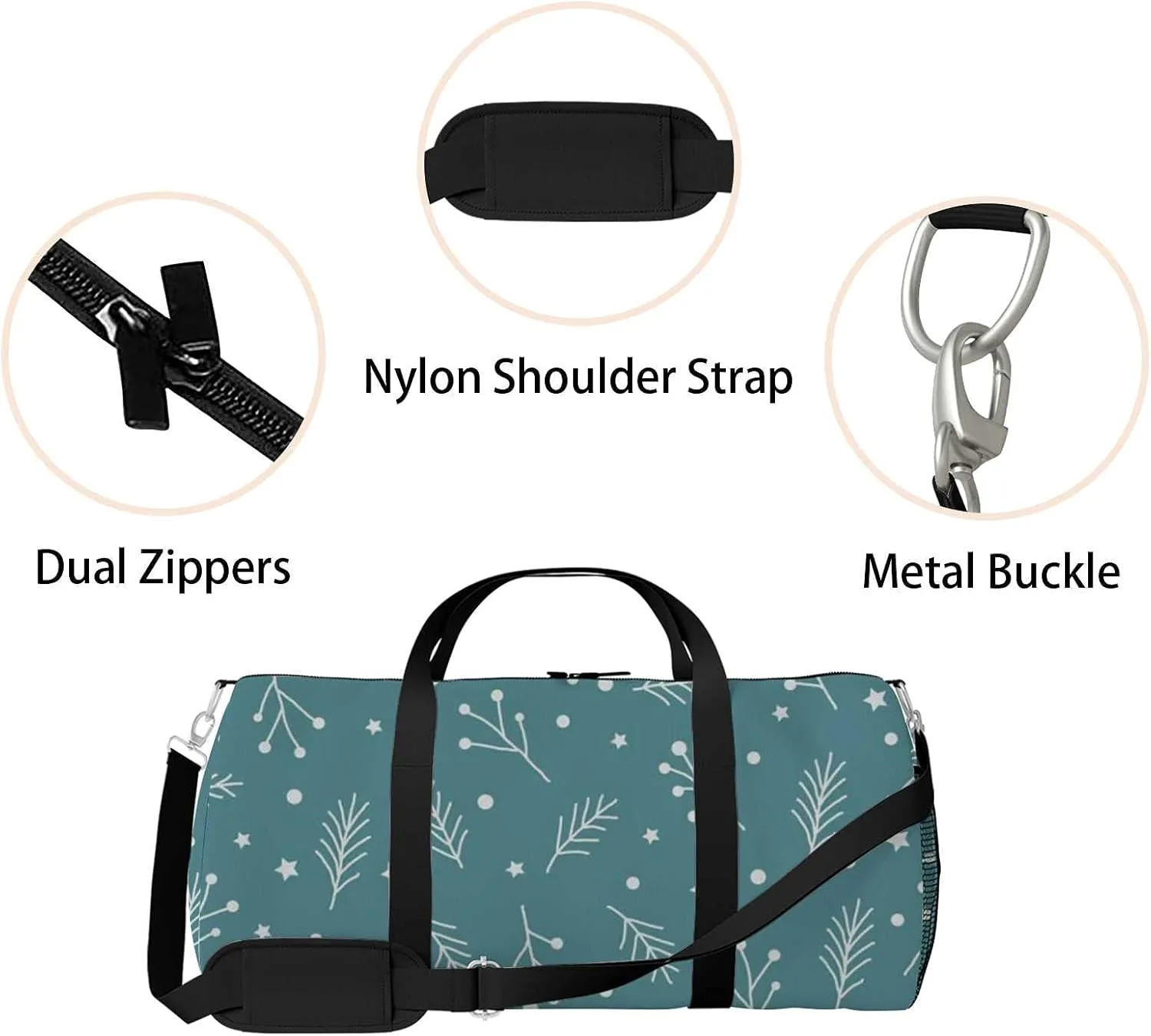 Christmas Spruce Tree Stars Circles Sports Duffel Bag Travel Gym Tote Bags Lightweight Durable Shoulder Strap Waterproof Polyester Outside Mesh Pocket Overnight Trip Duffel Bag for Women Men