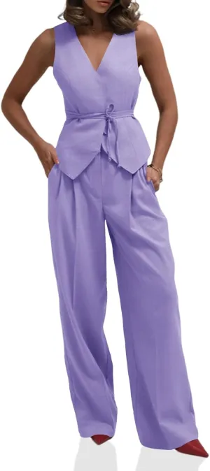 Cicy Bell Womens 2 Piece Outfits V Neck Tie Waist Blazer Vest and Wide Leg Business Casual Suit Pants Sets