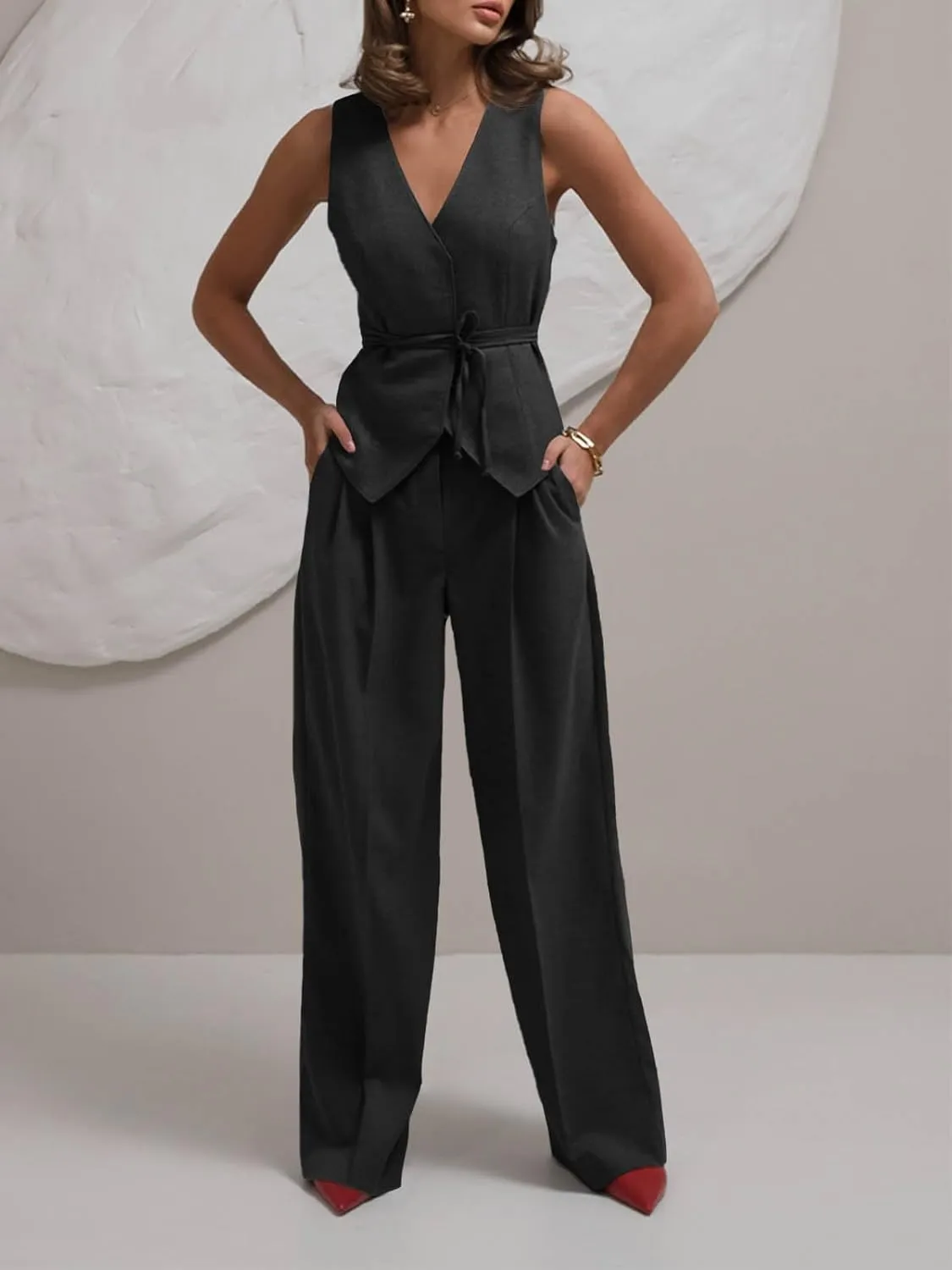 Cicy Bell Womens 2 Piece Outfits V Neck Tie Waist Blazer Vest and Wide Leg Business Casual Suit Pants Sets