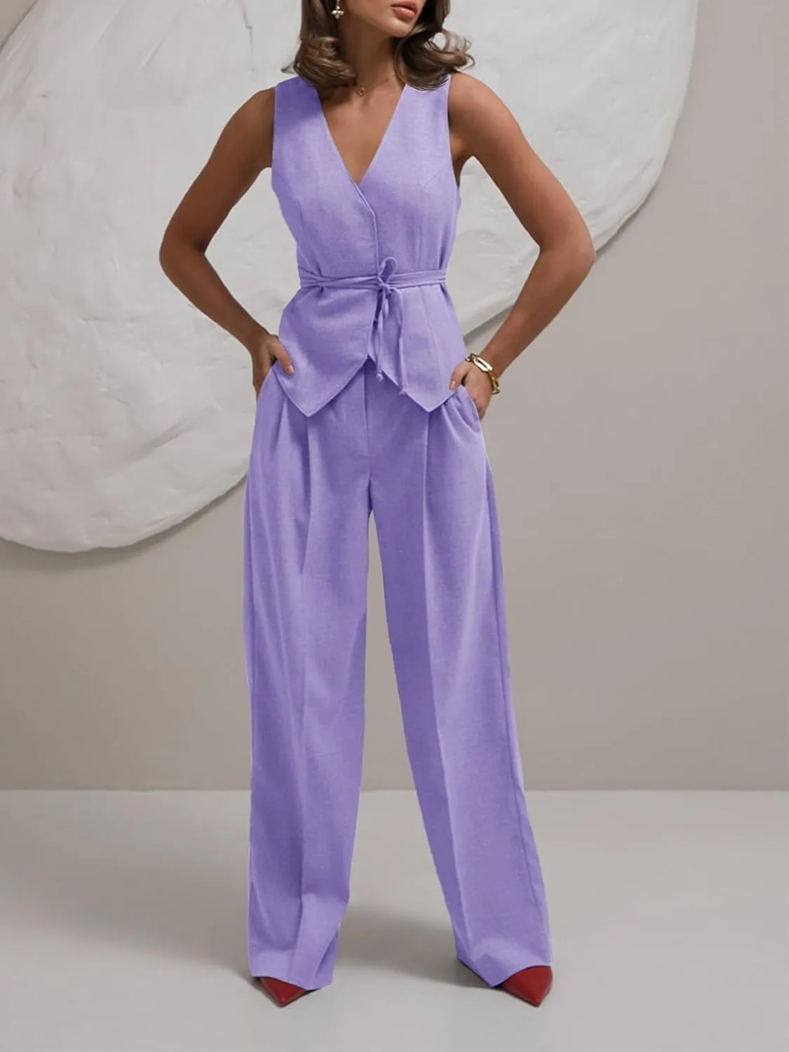 Cicy Bell Womens 2 Piece Outfits V Neck Tie Waist Blazer Vest and Wide Leg Business Casual Suit Pants Sets