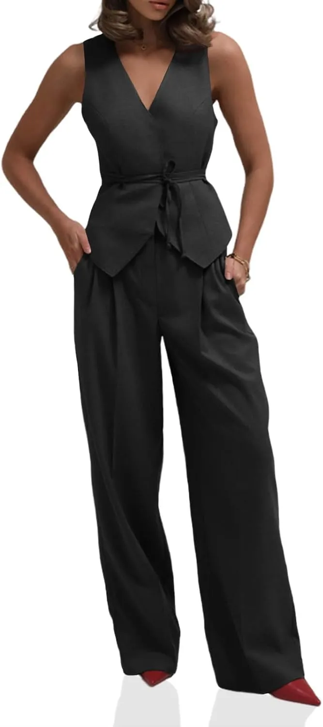 Cicy Bell Womens 2 Piece Outfits V Neck Tie Waist Blazer Vest and Wide Leg Business Casual Suit Pants Sets