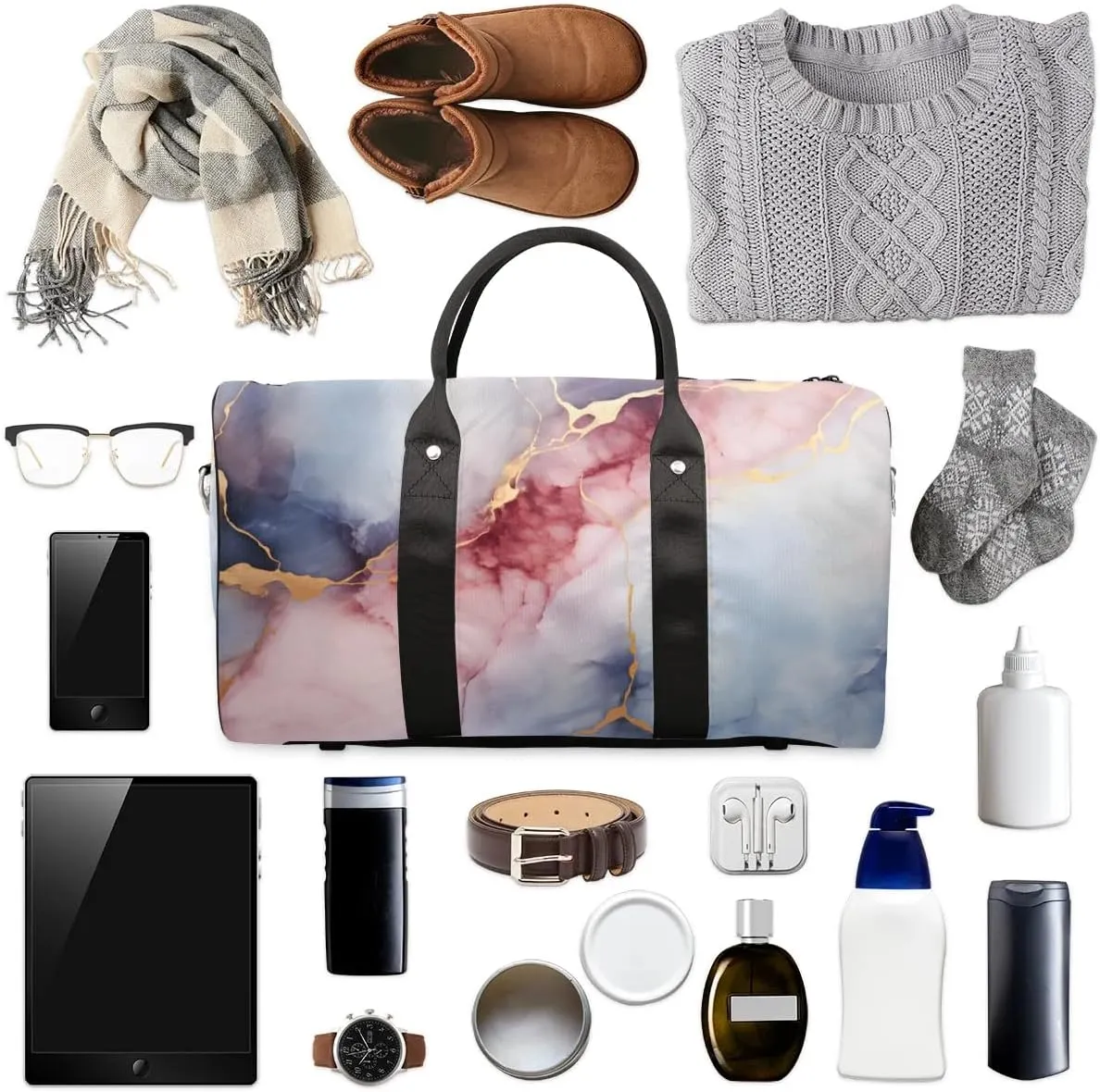 Classic Marble Themed Foldable Lightweight Duffle Bag for Travel - Waterproof Carry On Bags for Airplanes, Travel Duffel Bags for Gym, Weekend