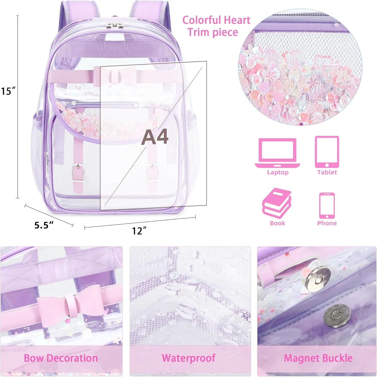 Clear Backpack for School,Heavy Duty PVC Transparent Bookbag for Girls Women Stadium Approved See Through Backpacks Kids Elementary Laptop Bags for Teens,Sports,Students,Work,Travel Purple