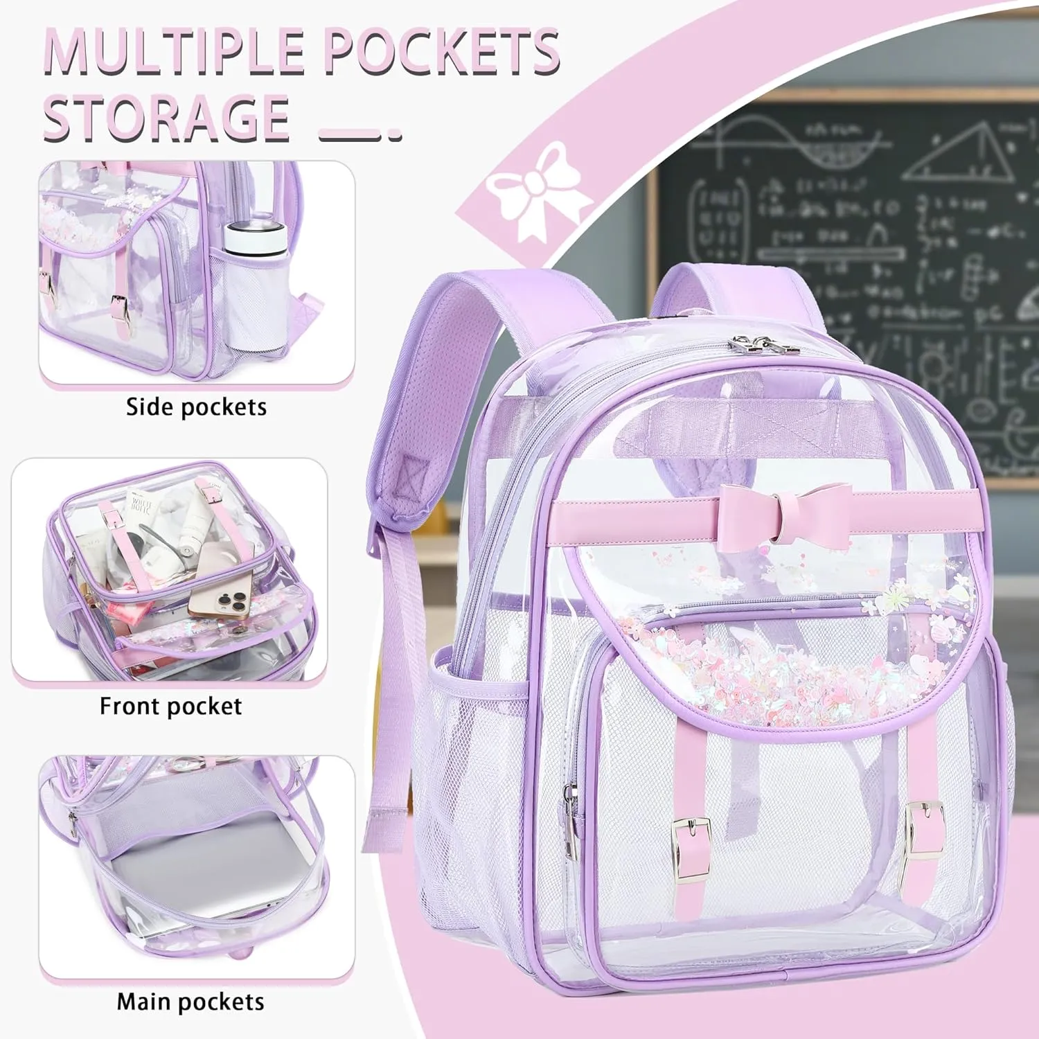 Clear Backpack for School,Heavy Duty PVC Transparent Bookbag for Girls Women Stadium Approved See Through Backpacks Kids Elementary Laptop Bags for Teens,Sports,Students,Work,Travel Purple
