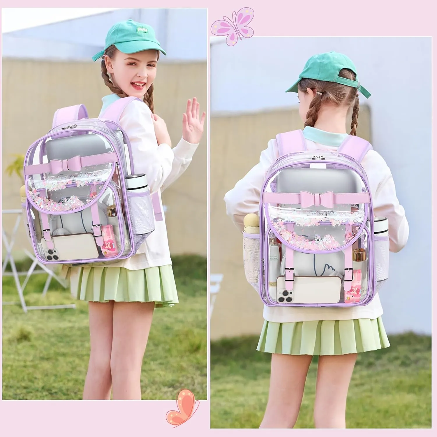 Clear Backpack for School,Heavy Duty PVC Transparent Bookbag for Girls Women Stadium Approved See Through Backpacks Kids Elementary Laptop Bags for Teens,Sports,Students,Work,Travel Purple