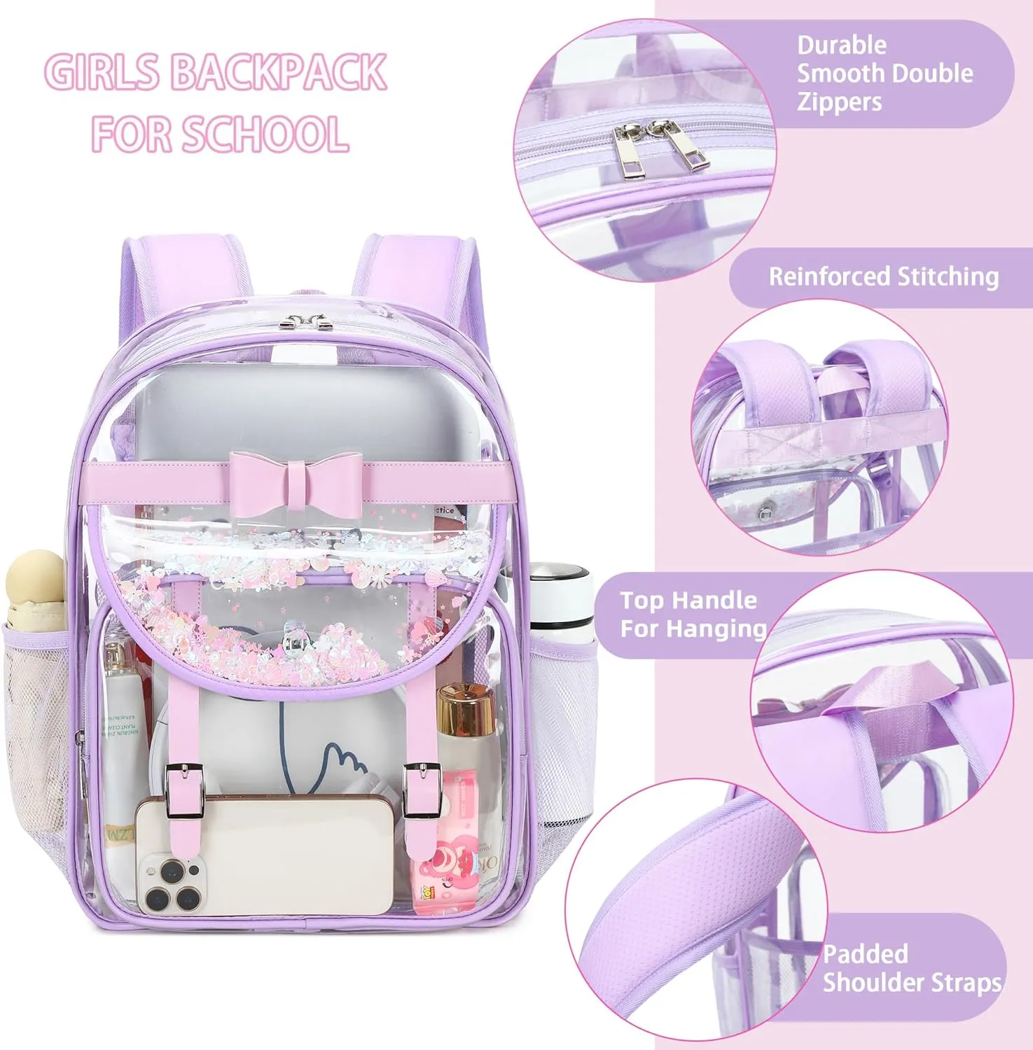 Clear Backpack for School,Heavy Duty PVC Transparent Bookbag for Girls Women Stadium Approved See Through Backpacks Kids Elementary Laptop Bags for Teens,Sports,Students,Work,Travel Purple
