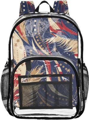 Clear Backpack for Stadium Events School Backpacks Girls Boys heavy duty PVC Waterproof Transparent Plastic Book Bag for Women Work 4th Of July Freedom Feathers Blue