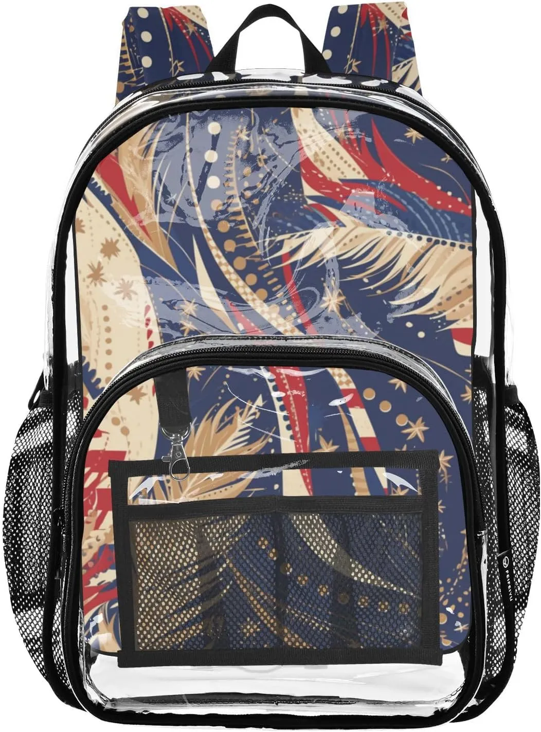 Clear Backpack for Stadium Events School Backpacks Girls Boys heavy duty PVC Waterproof Transparent Plastic Book Bag for Women Work 4th Of July Freedom Feathers Blue