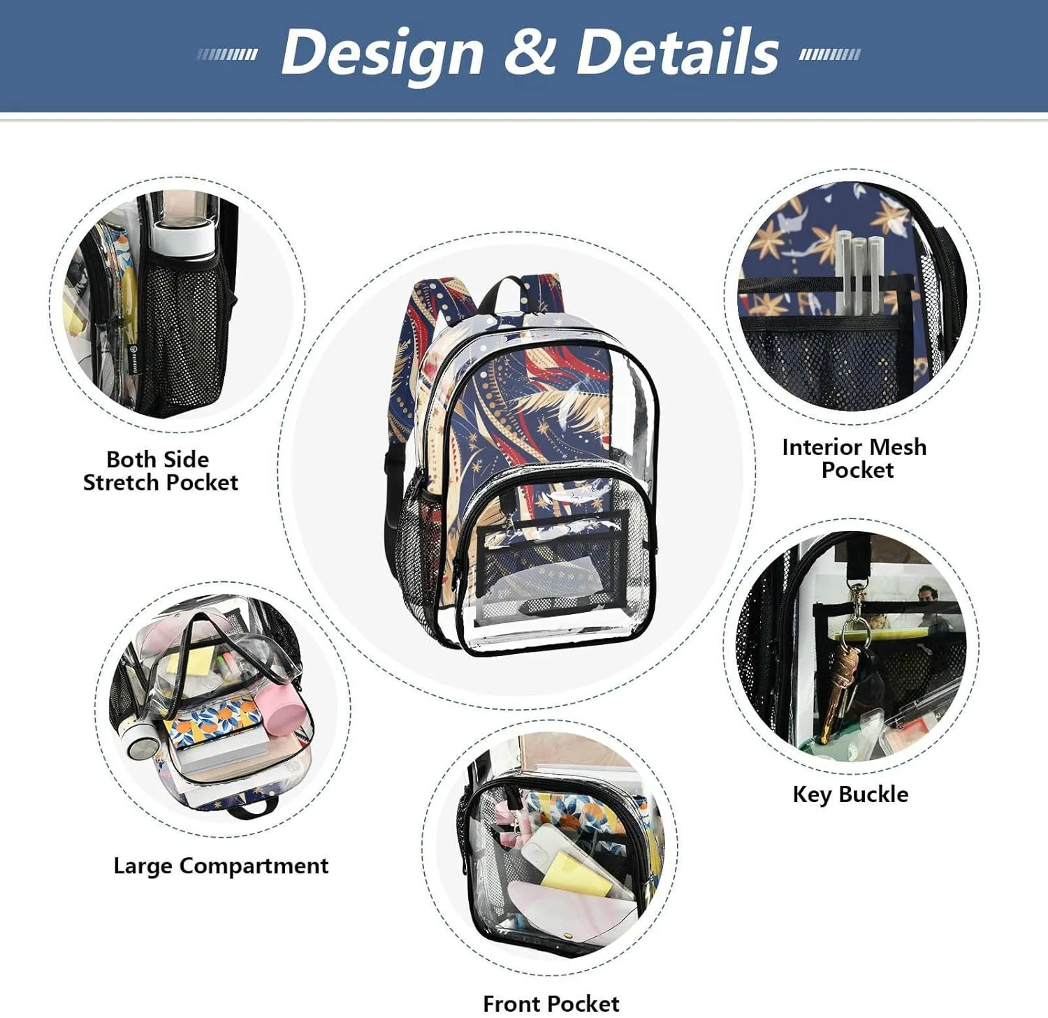 Clear Backpack for Stadium Events School Backpacks Girls Boys heavy duty PVC Waterproof Transparent Plastic Book Bag for Women Work 4th Of July Freedom Feathers Blue