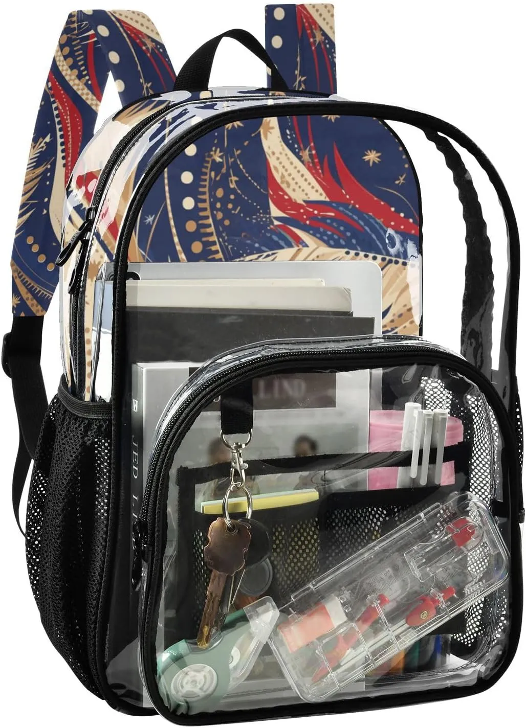 Clear Backpack for Stadium Events School Backpacks Girls Boys heavy duty PVC Waterproof Transparent Plastic Book Bag for Women Work 4th Of July Freedom Feathers Blue