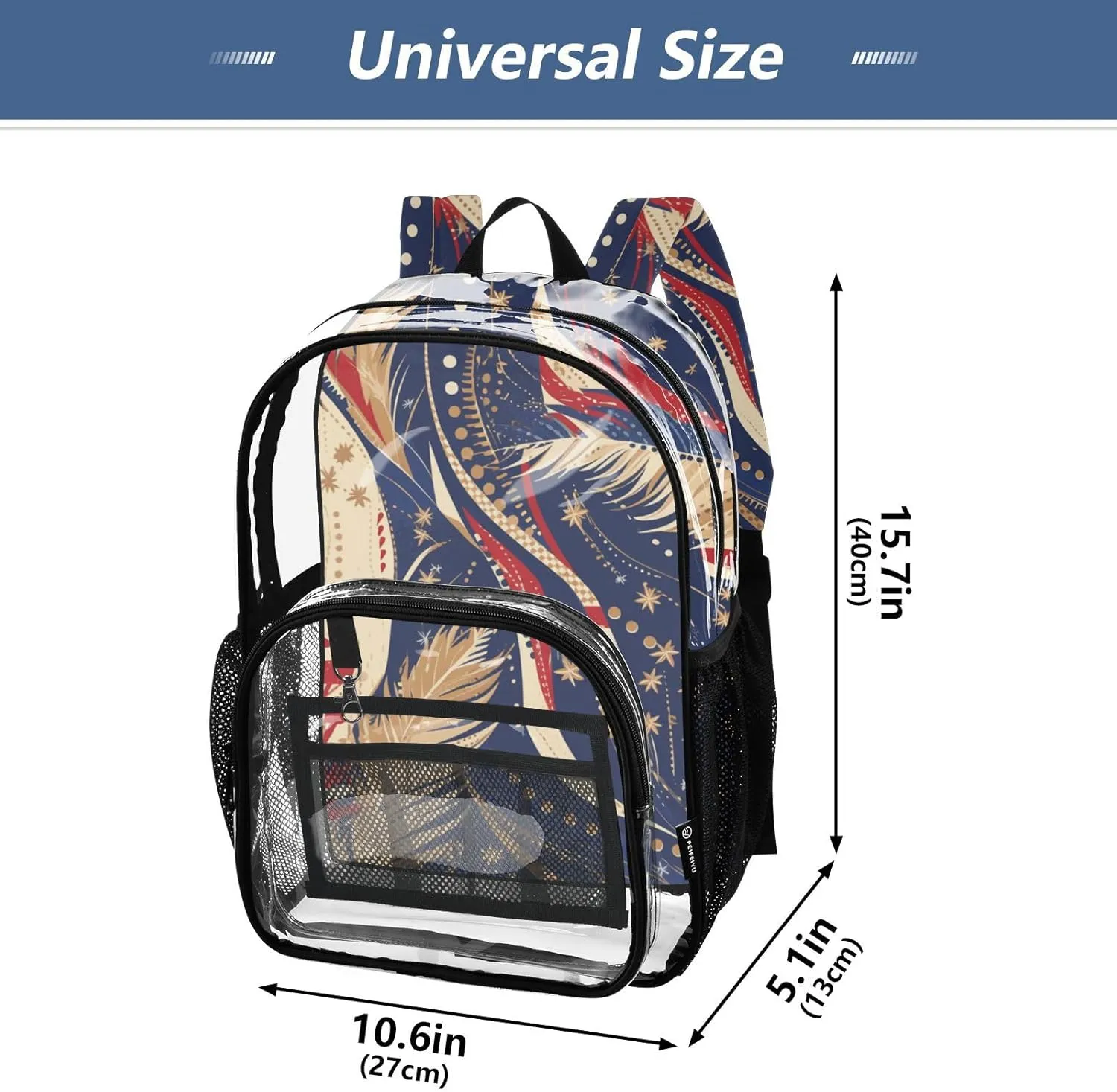 Clear Backpack for Stadium Events School Backpacks Girls Boys heavy duty PVC Waterproof Transparent Plastic Book Bag for Women Work 4th Of July Freedom Feathers Blue