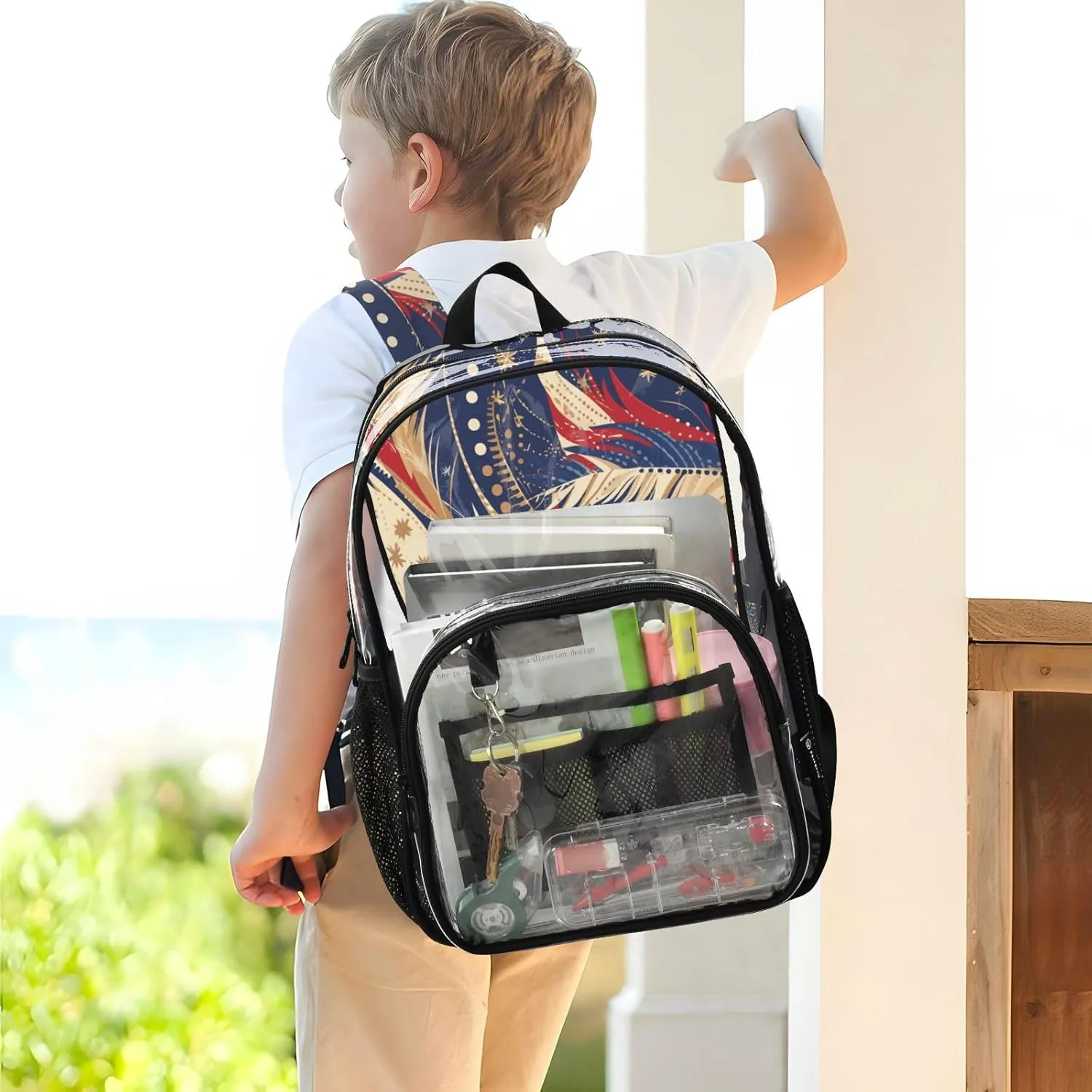 Clear Backpack for Stadium Events School Backpacks Girls Boys heavy duty PVC Waterproof Transparent Plastic Book Bag for Women Work 4th Of July Freedom Feathers Blue