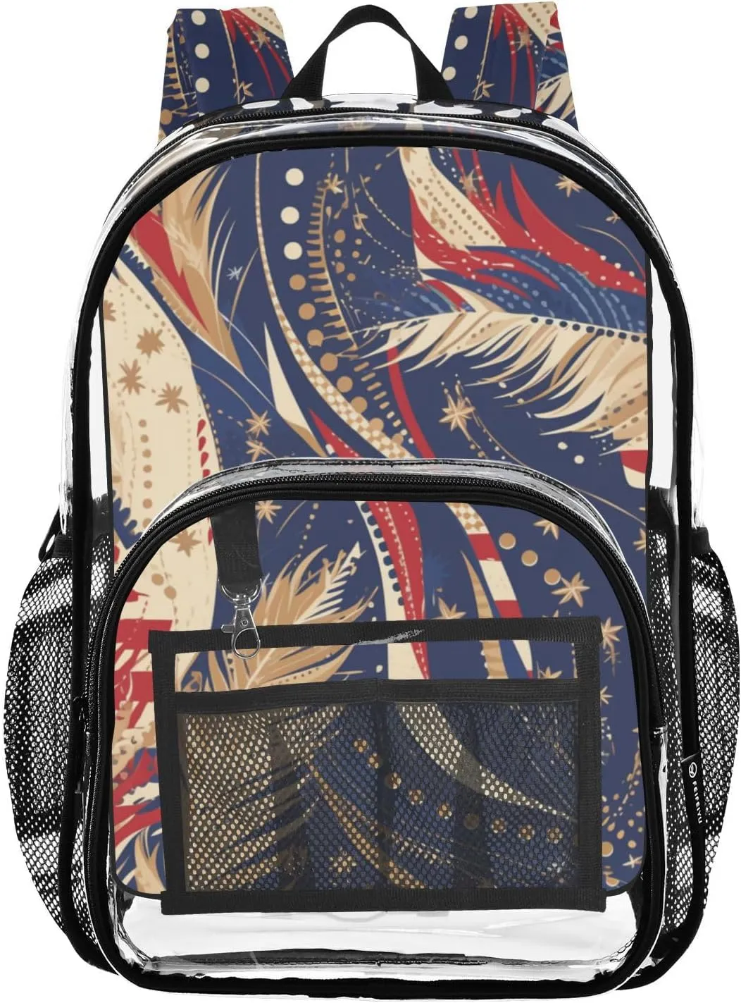 Clear Backpack for Stadium Events School Backpacks Girls Boys heavy duty PVC Waterproof Transparent Plastic Book Bag for Women Work 4th Of July Freedom Feathers Blue