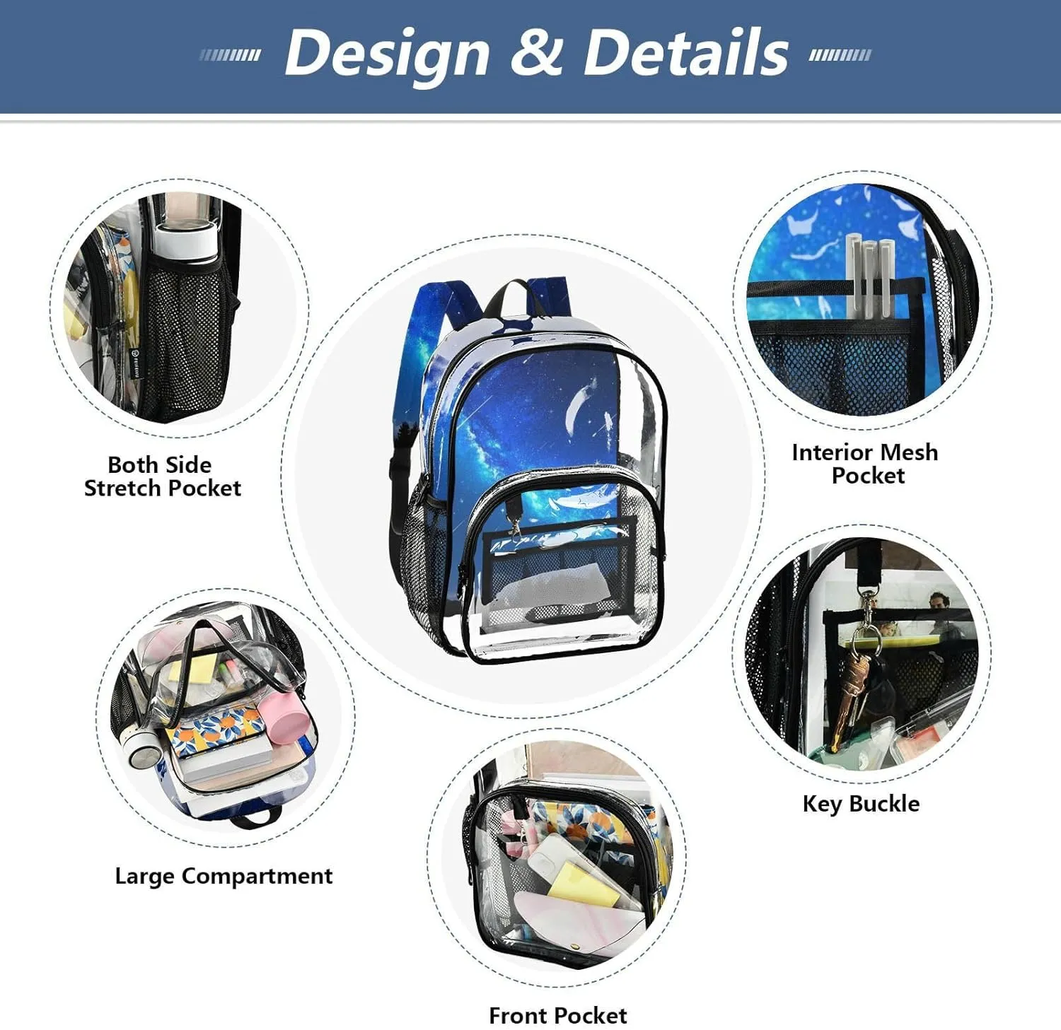 Clear Backpack for Stadium Events School Backpacks Girls Boys heavy duty PVC Waterproof Transparent Plastic Book Bag for Women Work Meteor Galaxy Deep Blue