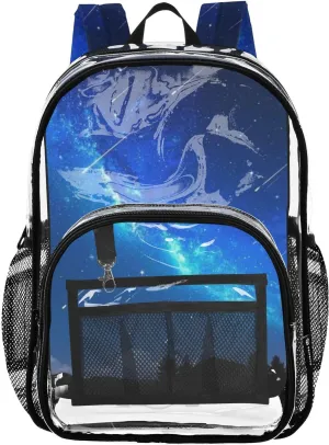 Clear Backpack for Stadium Events School Backpacks Girls Boys heavy duty PVC Waterproof Transparent Plastic Book Bag for Women Work Meteor Galaxy Deep Blue