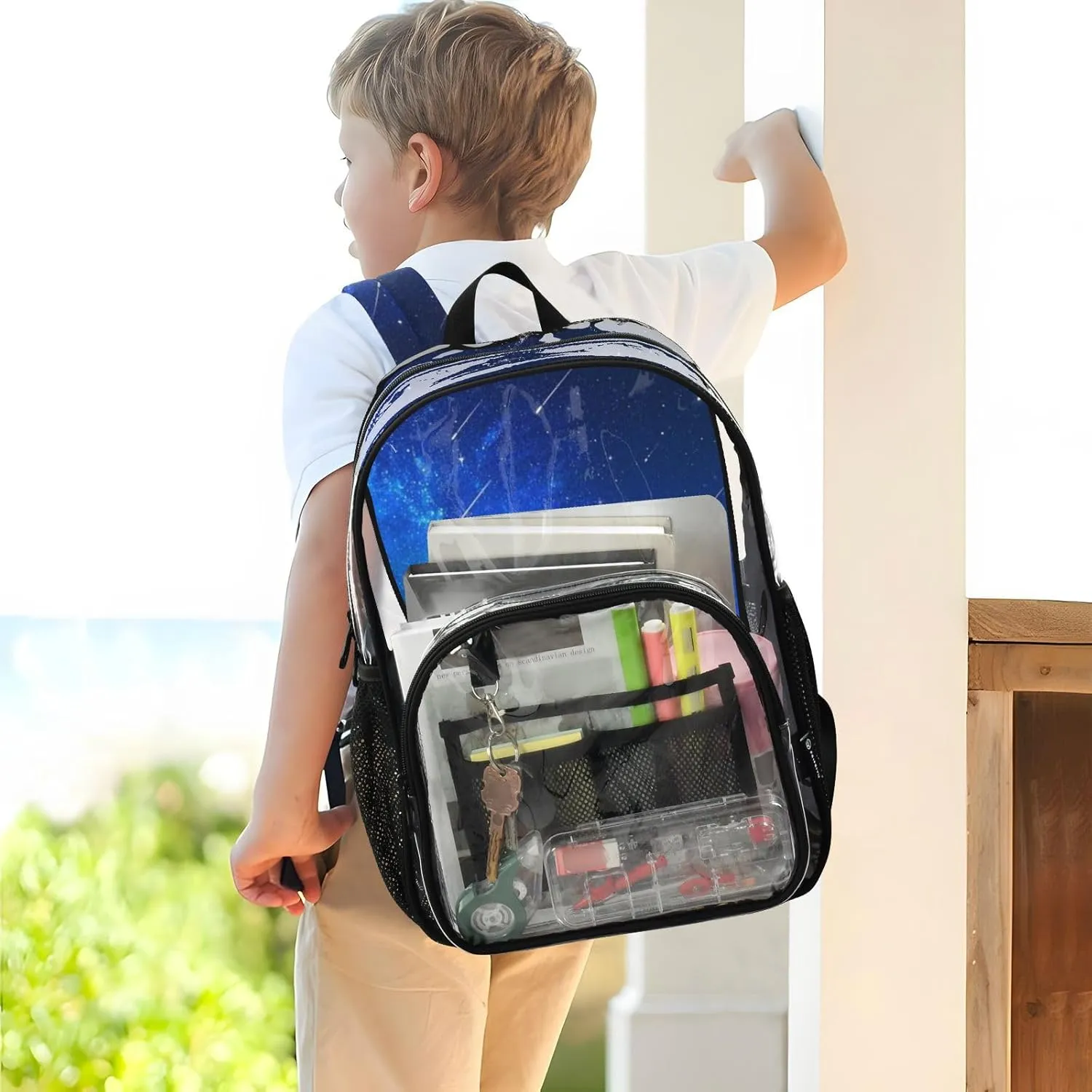 Clear Backpack for Stadium Events School Backpacks Girls Boys heavy duty PVC Waterproof Transparent Plastic Book Bag for Women Work Meteor Galaxy Deep Blue