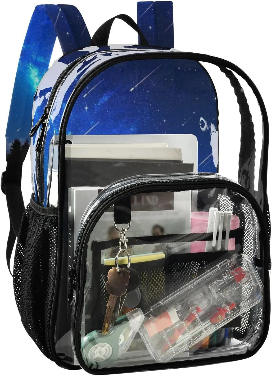 Clear Backpack for Stadium Events School Backpacks Girls Boys heavy duty PVC Waterproof Transparent Plastic Book Bag for Women Work Meteor Galaxy Deep Blue