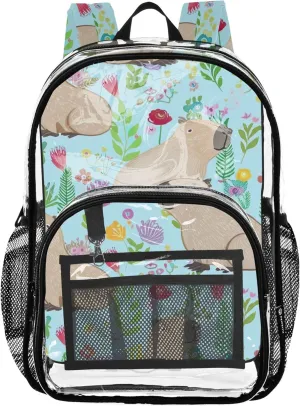 Clear Backpack for Women Kids Backpack for Girls Approved Plastic Bag Large Cute Capybaras Colorful Flowers
