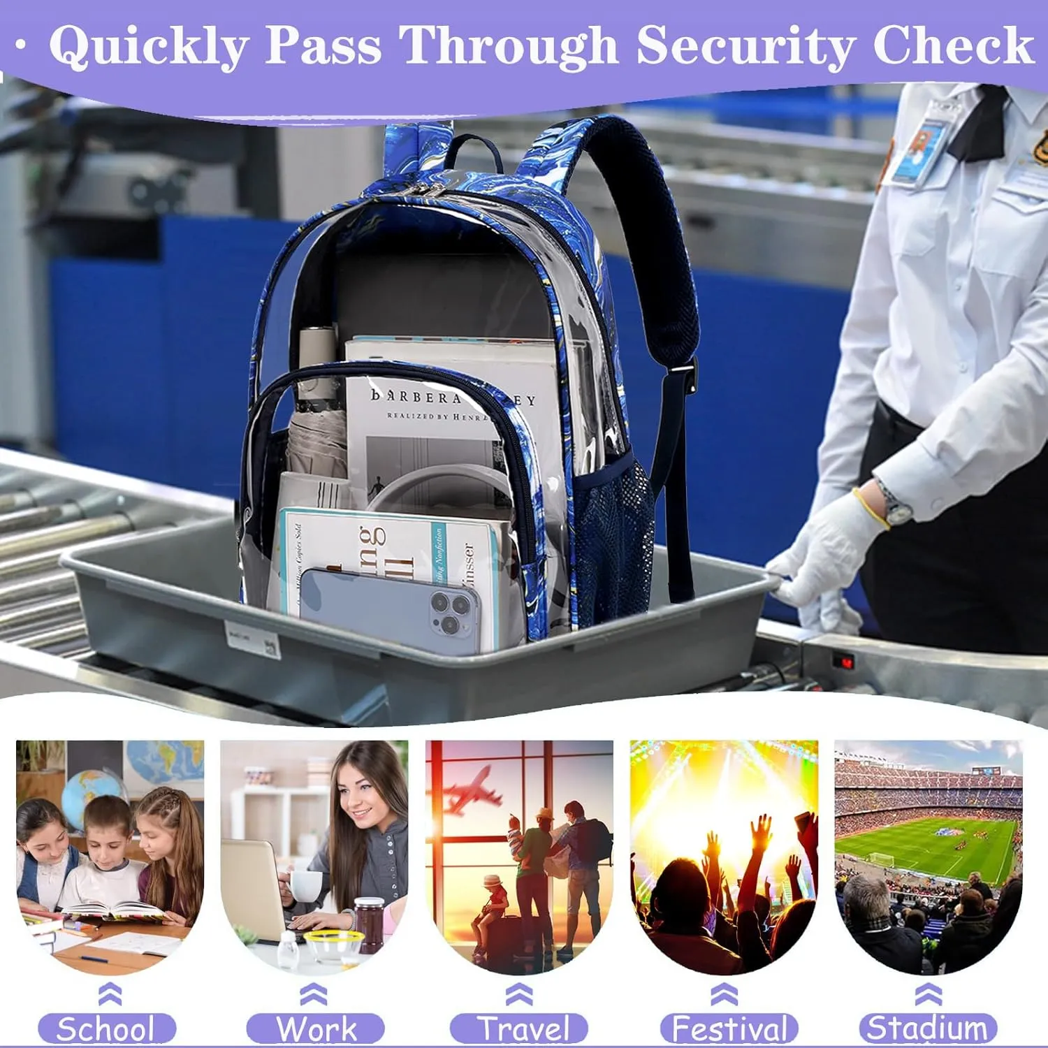 Clear Backpacks for Boys and Girls Heavy Duty TPU See Through Backpacks Transparent Clear Bookbag for Stadium Events, Work, School, and Travel