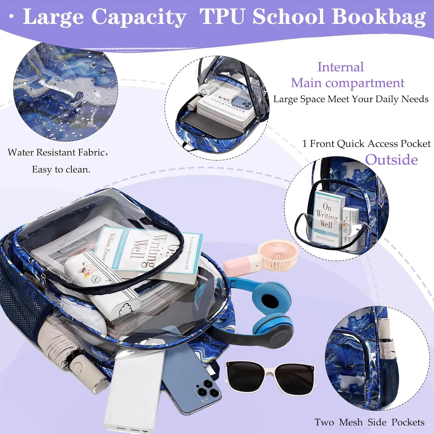 Clear Backpacks for Boys and Girls Heavy Duty TPU See Through Backpacks Transparent Clear Bookbag for Stadium Events, Work, School, and Travel