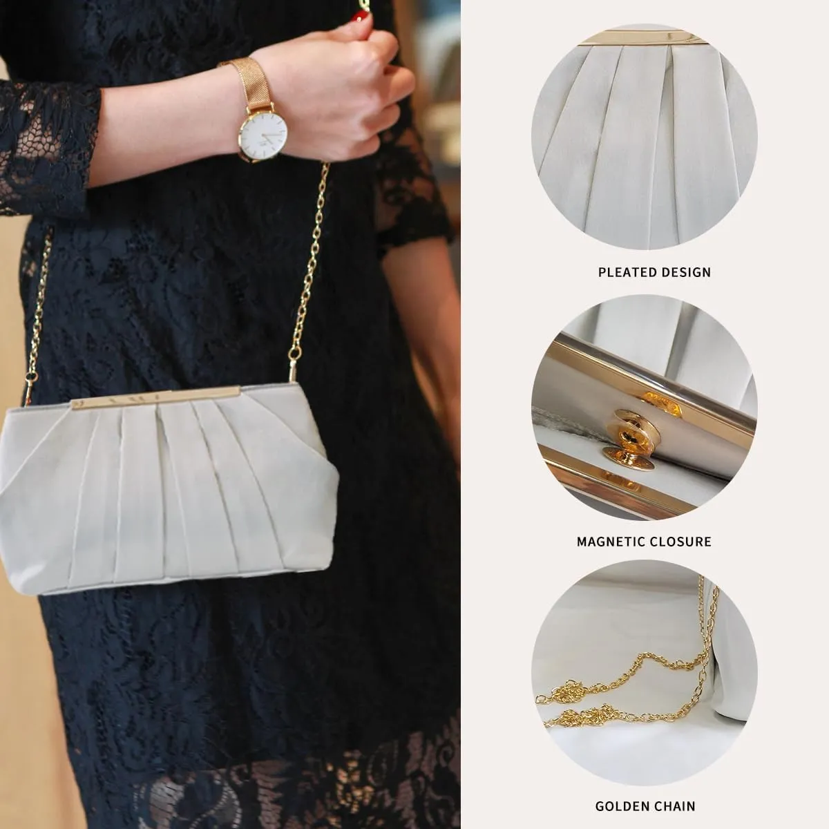 Clutch Purse for Women,Evening Clutches for Wedding, Detachable Chain Strap Pleated Crossbody Shoulder Handbag
