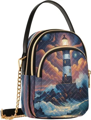 Coastal Lighthouse Nightfall Azure Crossbody Bags for Women Fanny Packs Small Sling Cross Body Bag Wallet Phone Mini Purse