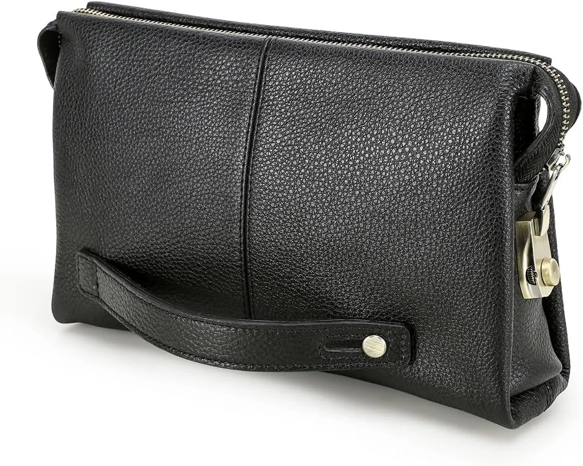 Code Lock Clutch Bag for Men Full Grain Leather Anti Theft Clutch Wallet Travel Purse with Handle Phone Card Holder Large Business Handbag (Black)