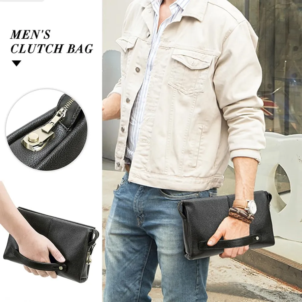 Code Lock Clutch Bag for Men Full Grain Leather Anti Theft Clutch Wallet Travel Purse with Handle Phone Card Holder Large Business Handbag (Black)