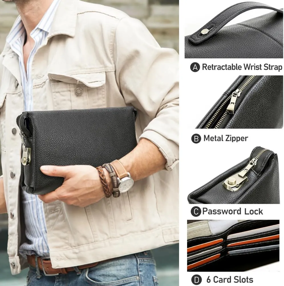 Code Lock Clutch Bag for Men Full Grain Leather Anti Theft Clutch Wallet Travel Purse with Handle Phone Card Holder Large Business Handbag (Black)