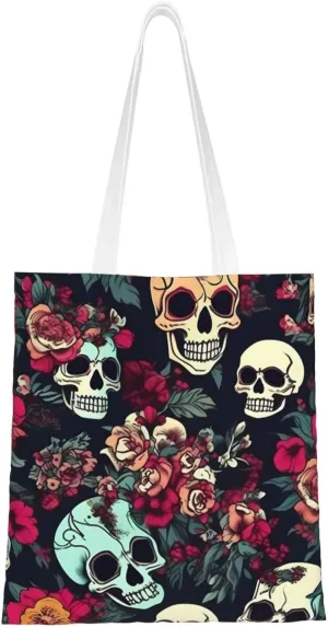 Colorful Floral Skulls Print Canvas Tote Bag Reusable Shoulder Shopping Bags For Daily Use Shopping Travel
