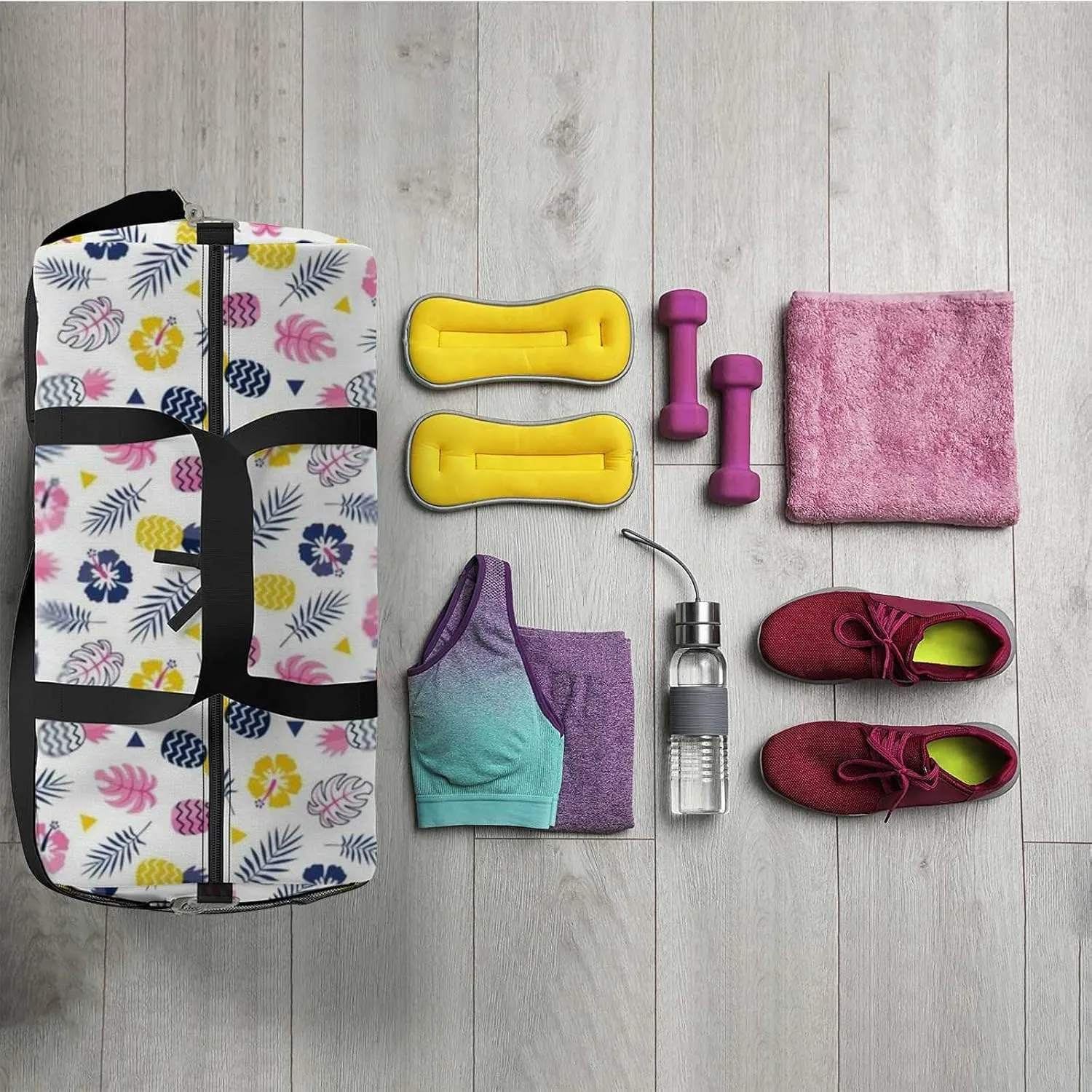 Colorful Hibiscus Flowers Pineapples Tropical Leavs Sports Duffel Bag Travel Gym Tote Bags Lightweight Durable Shoulder Strap Waterproof Polyester Outside Mesh Pocket Overnight Trip Duffel Bag for Women Men