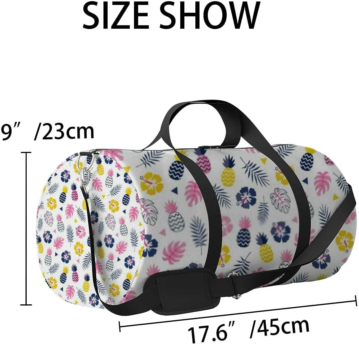 Colorful Hibiscus Flowers Pineapples Tropical Leavs Sports Duffel Bag Travel Gym Tote Bags Lightweight Durable Shoulder Strap Waterproof Polyester Outside Mesh Pocket Overnight Trip Duffel Bag for Women Men