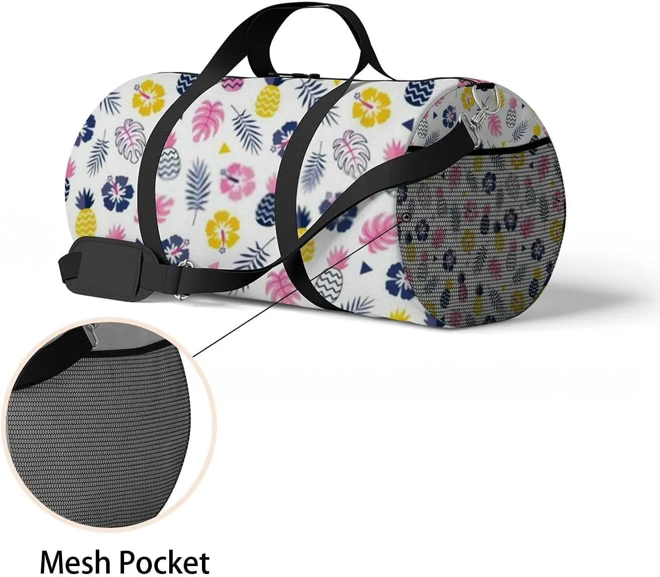 Colorful Hibiscus Flowers Pineapples Tropical Leavs Sports Duffel Bag Travel Gym Tote Bags Lightweight Durable Shoulder Strap Waterproof Polyester Outside Mesh Pocket Overnight Trip Duffel Bag for Women Men